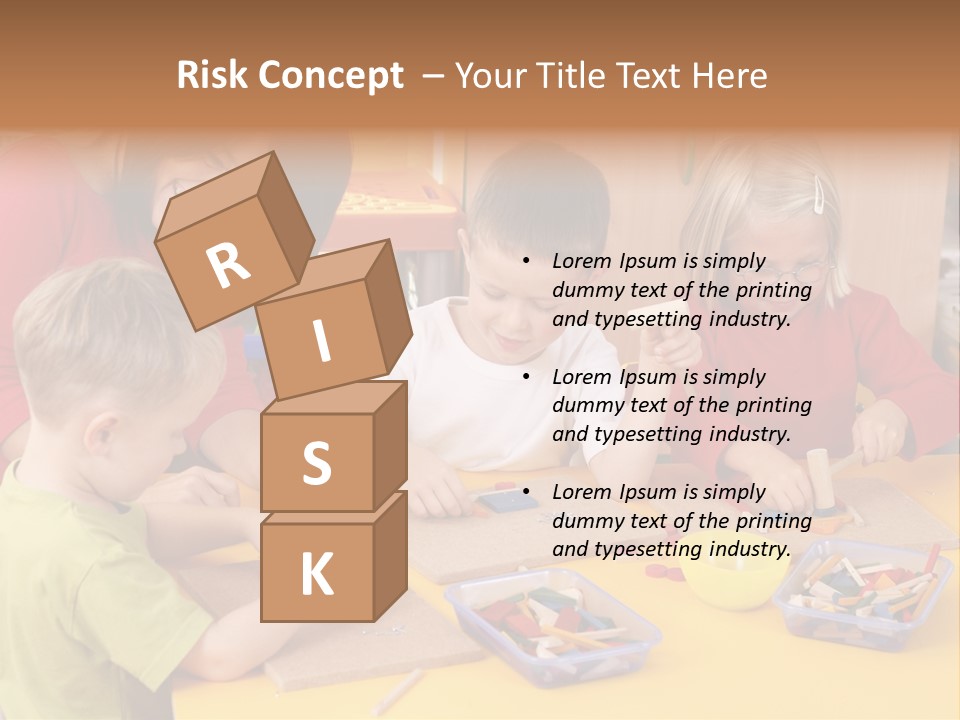 Teacher And Three Preschoolers Playing With Wooden Blocks PowerPoint Template