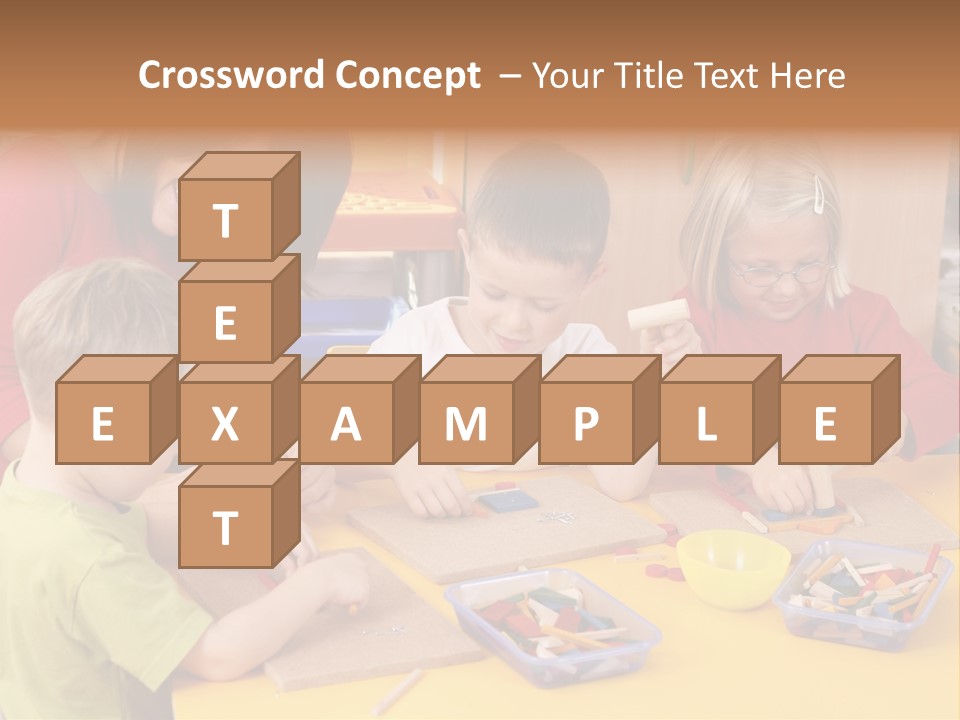 Teacher And Three Preschoolers Playing With Wooden Blocks PowerPoint Template