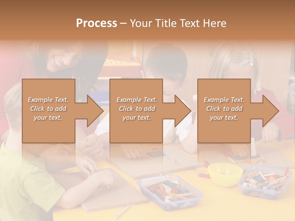Teacher And Three Preschoolers Playing With Wooden Blocks PowerPoint Template