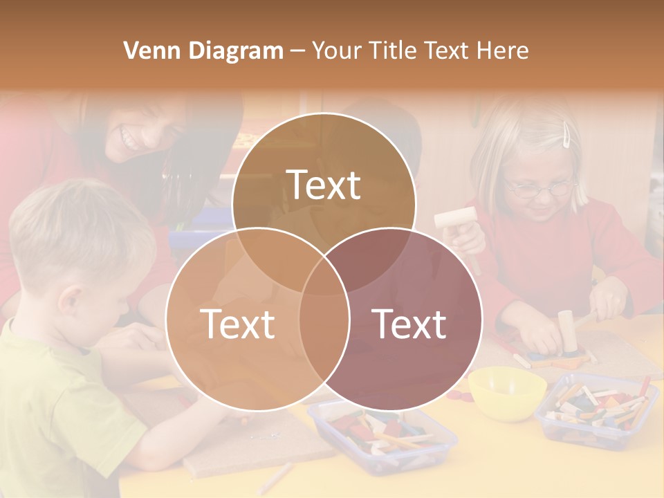 Teacher And Three Preschoolers Playing With Wooden Blocks PowerPoint Template