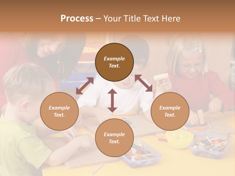 Teacher And Three Preschoolers Playing With Wooden Blocks PowerPoint Template