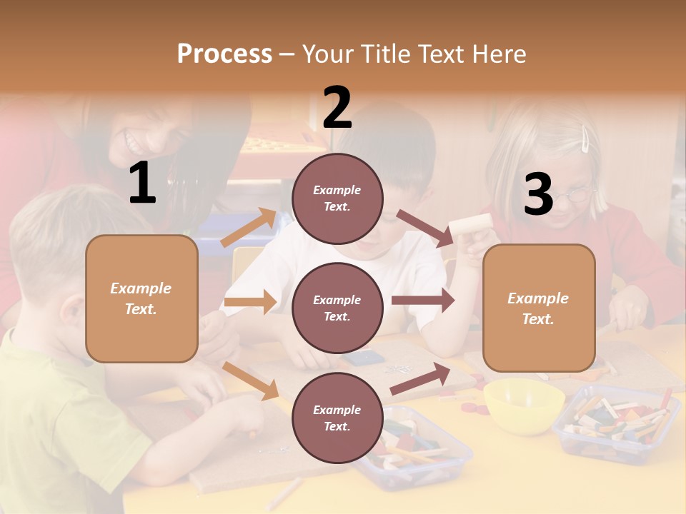 Teacher And Three Preschoolers Playing With Wooden Blocks PowerPoint Template