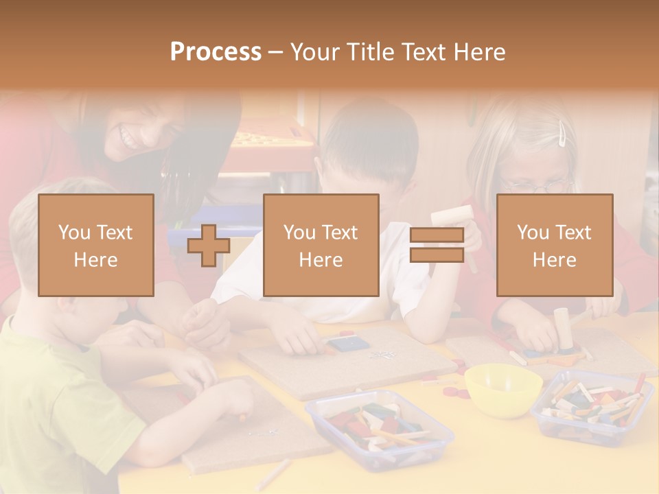 Teacher And Three Preschoolers Playing With Wooden Blocks PowerPoint Template