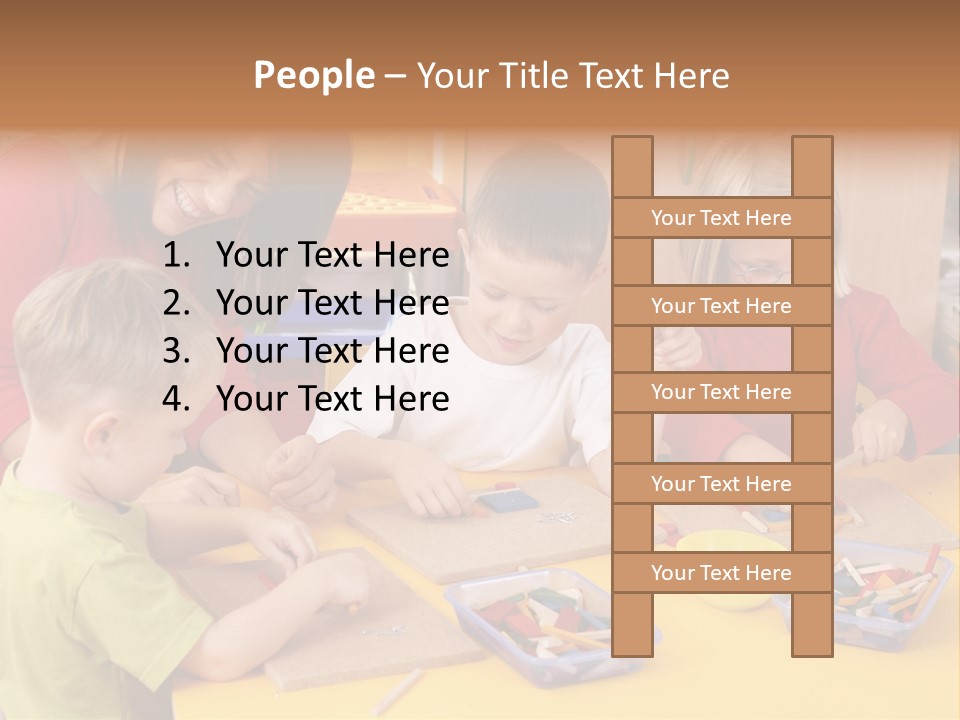 Teacher And Three Preschoolers Playing With Wooden Blocks PowerPoint Template