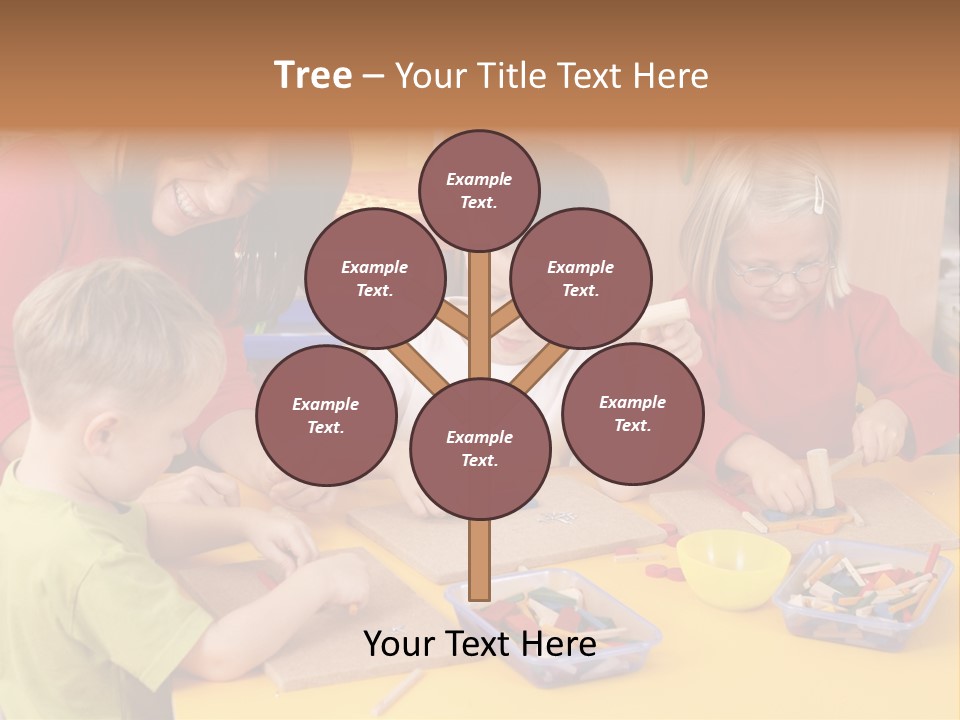 Teacher And Three Preschoolers Playing With Wooden Blocks PowerPoint Template