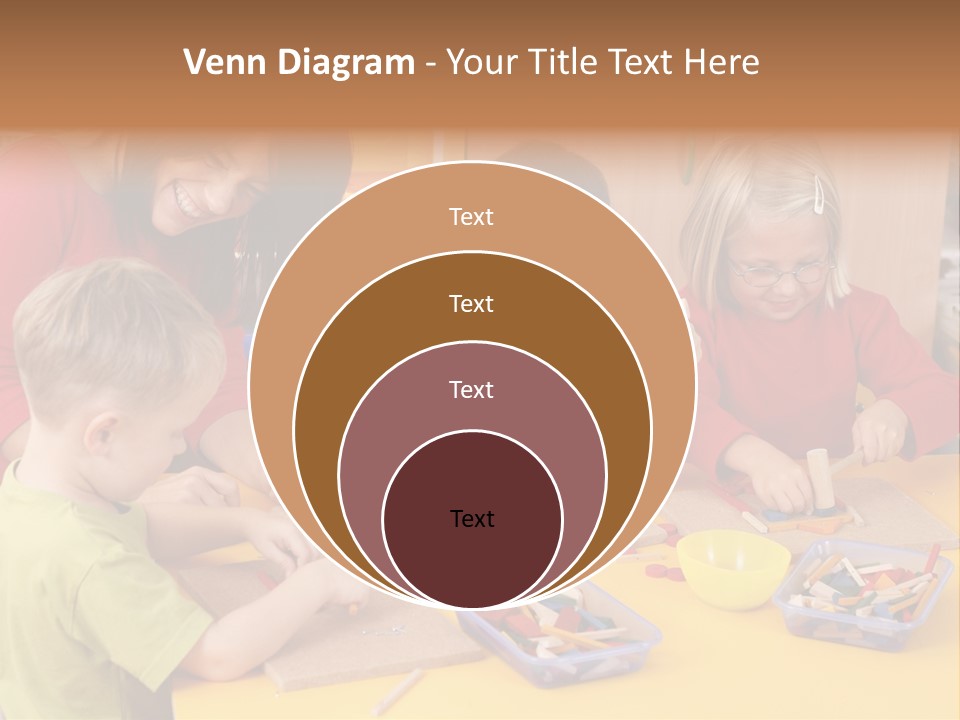Teacher And Three Preschoolers Playing With Wooden Blocks PowerPoint Template