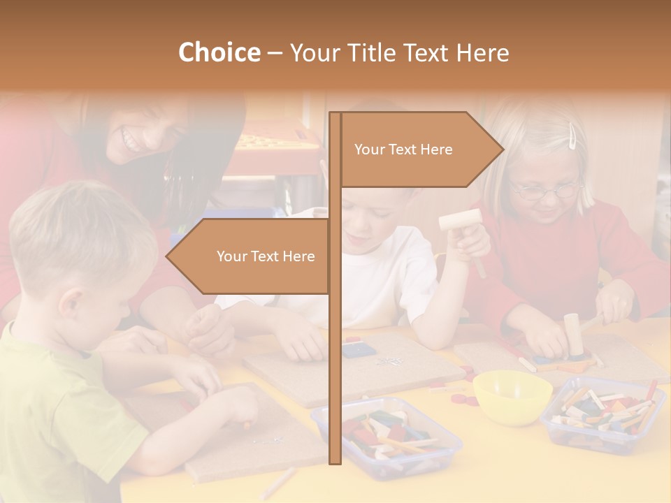 Teacher And Three Preschoolers Playing With Wooden Blocks PowerPoint Template