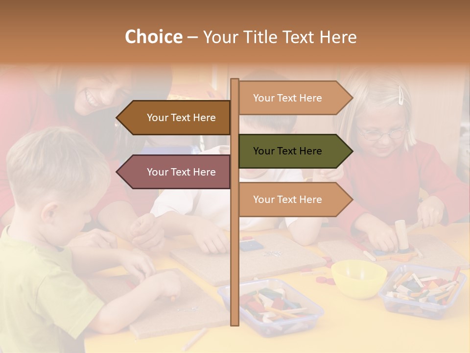 Teacher And Three Preschoolers Playing With Wooden Blocks PowerPoint Template