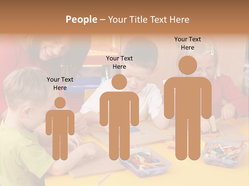 Teacher And Three Preschoolers Playing With Wooden Blocks PowerPoint Template