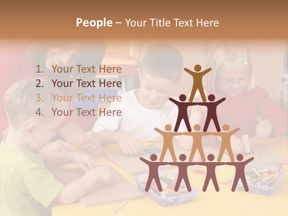 Teacher And Three Preschoolers Playing With Wooden Blocks PowerPoint Template