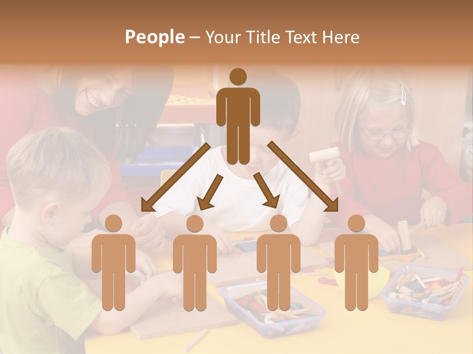 Teacher And Three Preschoolers Playing With Wooden Blocks PowerPoint Template