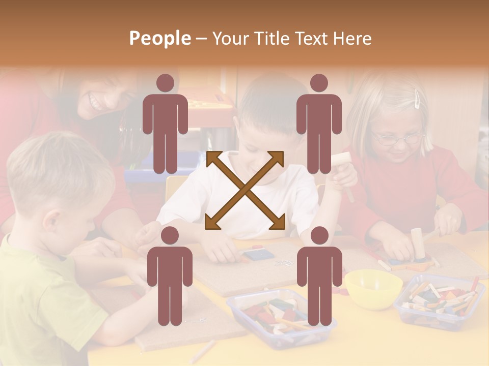 Teacher And Three Preschoolers Playing With Wooden Blocks PowerPoint Template