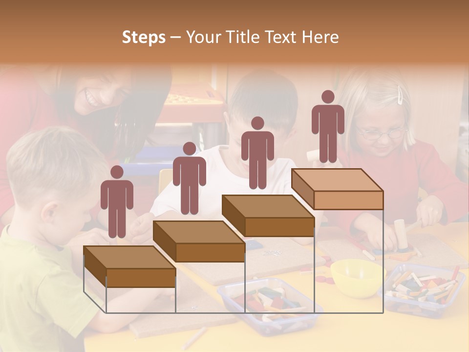 Teacher And Three Preschoolers Playing With Wooden Blocks PowerPoint Template