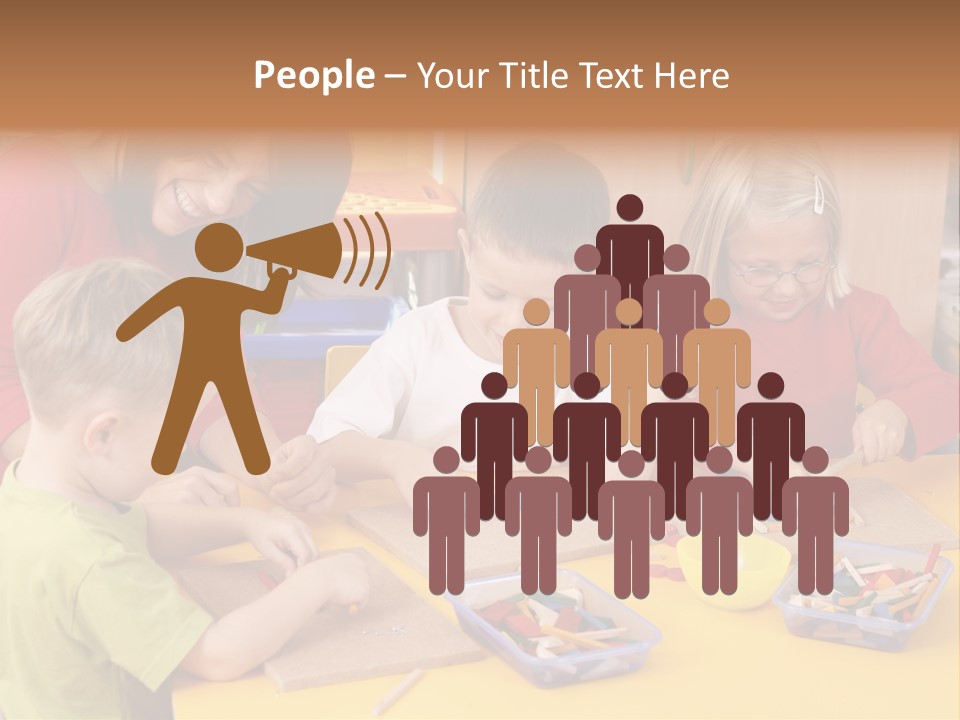 Teacher And Three Preschoolers Playing With Wooden Blocks PowerPoint Template