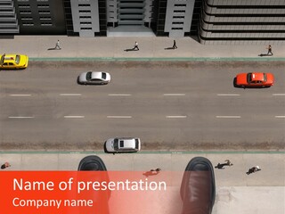 Shoes Of A Businessman Hanging Over A Ledge Of A Tall Building With Cars And People Down Below PowerPoint Template