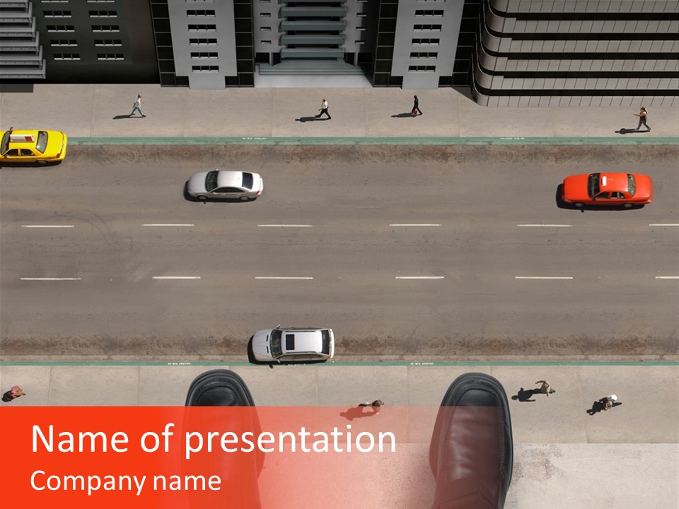 Shoes Of A Businessman Hanging Over A Ledge Of A Tall Building With Cars And People Down Below PowerPoint Template