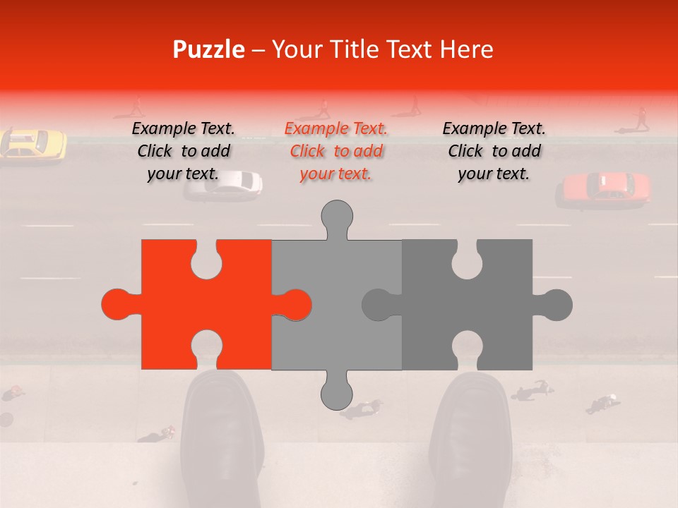 Shoes Of A Businessman Hanging Over A Ledge Of A Tall Building With Cars And People Down Below PowerPoint Template