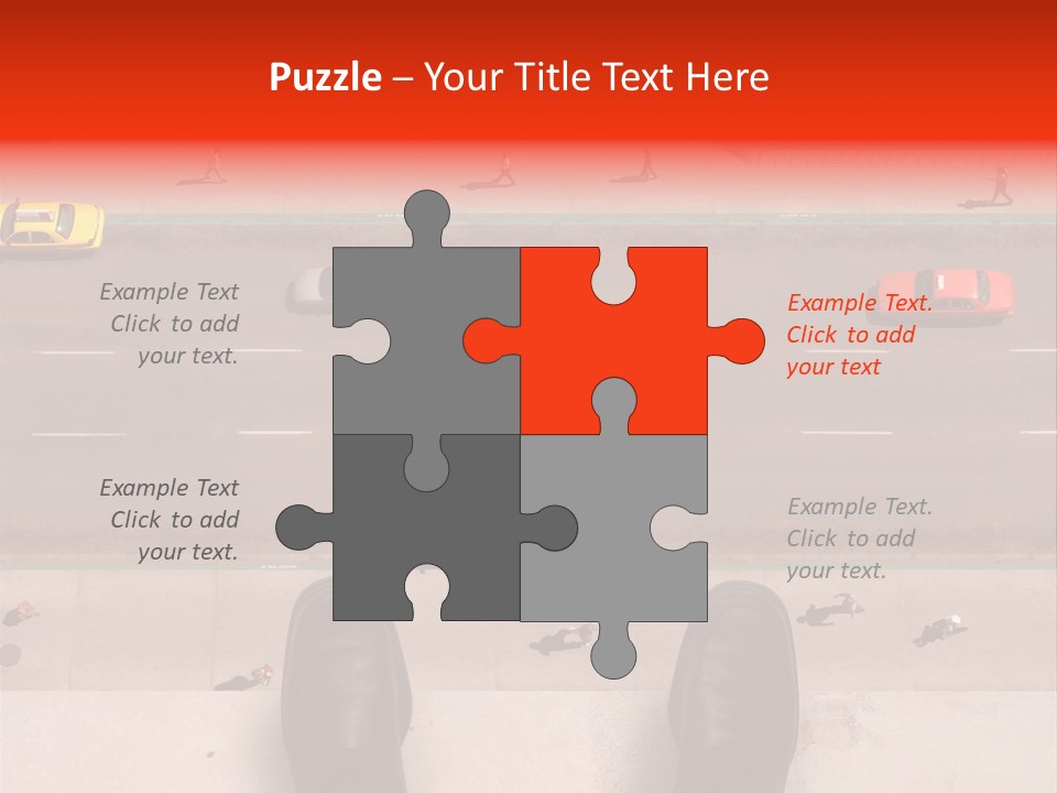 Shoes Of A Businessman Hanging Over A Ledge Of A Tall Building With Cars And People Down Below PowerPoint Template