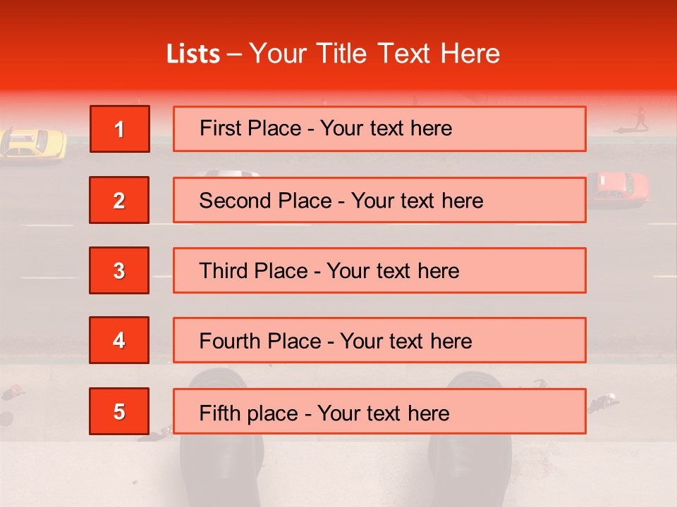 Shoes Of A Businessman Hanging Over A Ledge Of A Tall Building With Cars And People Down Below PowerPoint Template