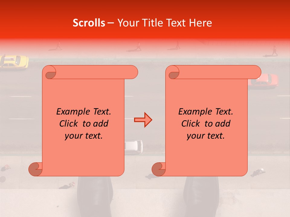 Shoes Of A Businessman Hanging Over A Ledge Of A Tall Building With Cars And People Down Below PowerPoint Template