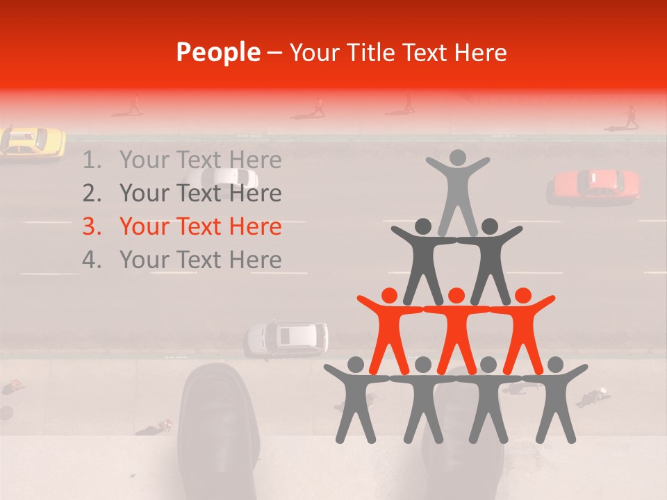 Shoes Of A Businessman Hanging Over A Ledge Of A Tall Building With Cars And People Down Below PowerPoint Template