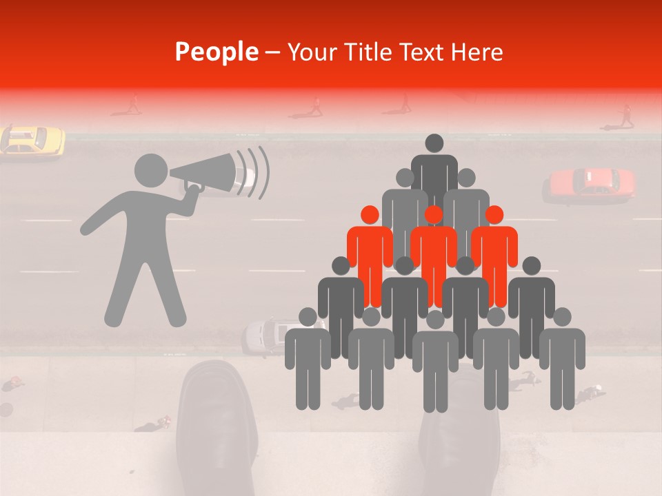 Shoes Of A Businessman Hanging Over A Ledge Of A Tall Building With Cars And People Down Below PowerPoint Template