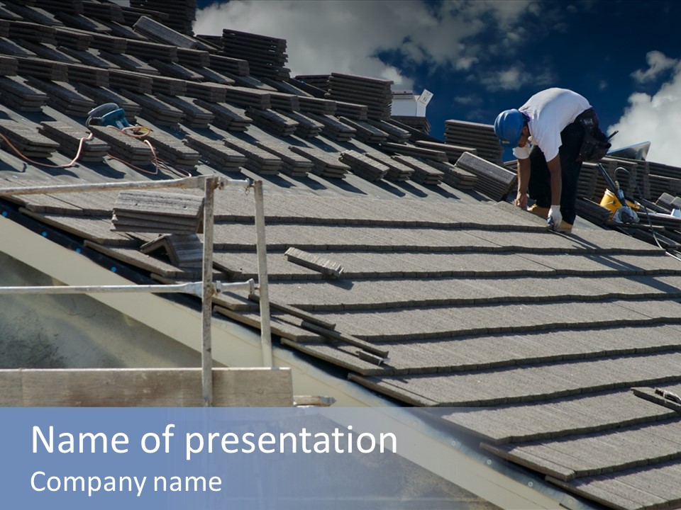 Roofer Laying Tile Shingles On A New Home PowerPoint Template