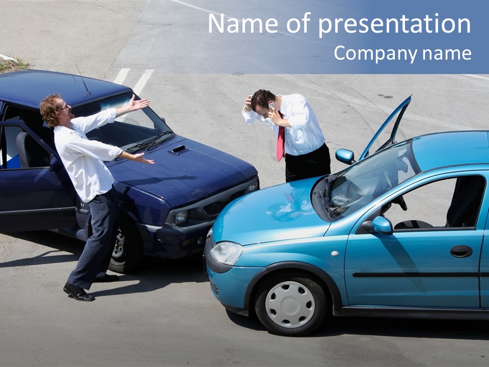 Traffic Accident - One Driver On The Mobile Phone, Second Expressing Anger PowerPoint Template