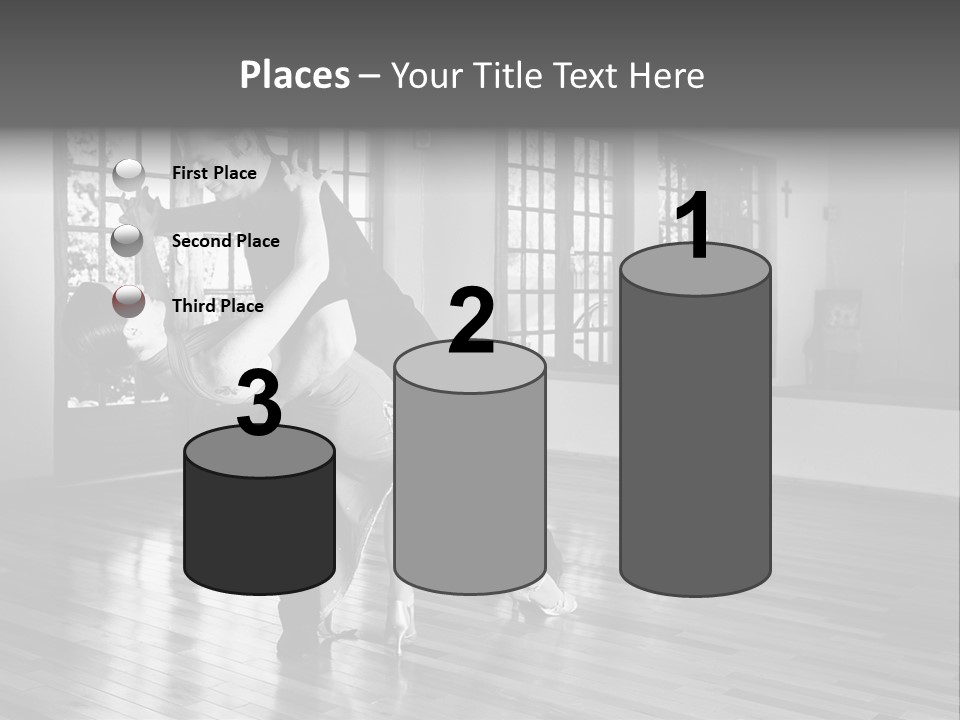 A Young  Couple Dancing And Practicing Ballroom Dancing Together In A Studio - Focus On Woman - Black And White, High Key Effect PowerPoint Template