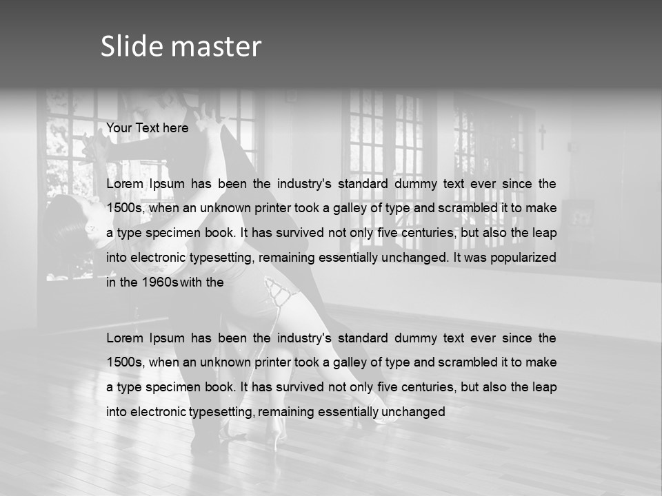 A Young  Couple Dancing And Practicing Ballroom Dancing Together In A Studio - Focus On Woman - Black And White, High Key Effect PowerPoint Template