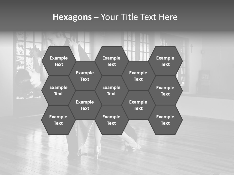 A Young  Couple Dancing And Practicing Ballroom Dancing Together In A Studio - Focus On Woman - Black And White, High Key Effect PowerPoint Template