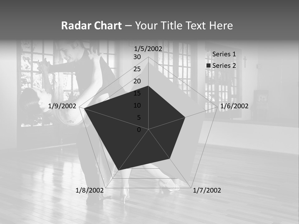 A Young  Couple Dancing And Practicing Ballroom Dancing Together In A Studio - Focus On Woman - Black And White, High Key Effect PowerPoint Template