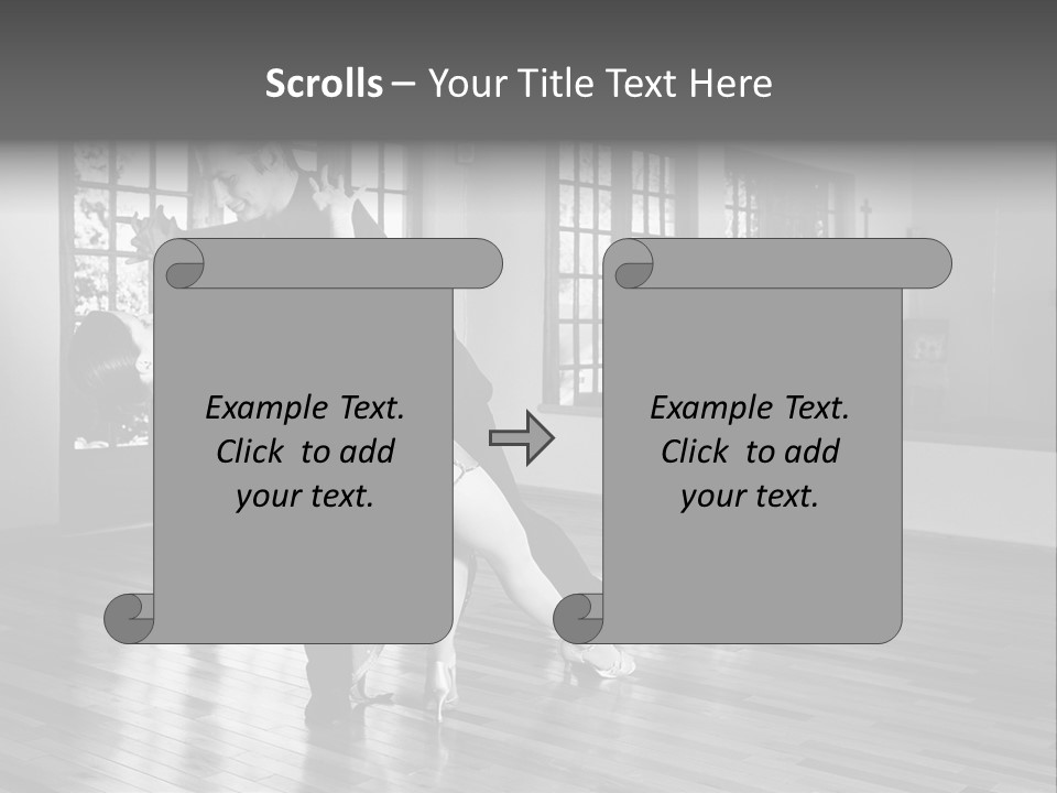 A Young  Couple Dancing And Practicing Ballroom Dancing Together In A Studio - Focus On Woman - Black And White, High Key Effect PowerPoint Template