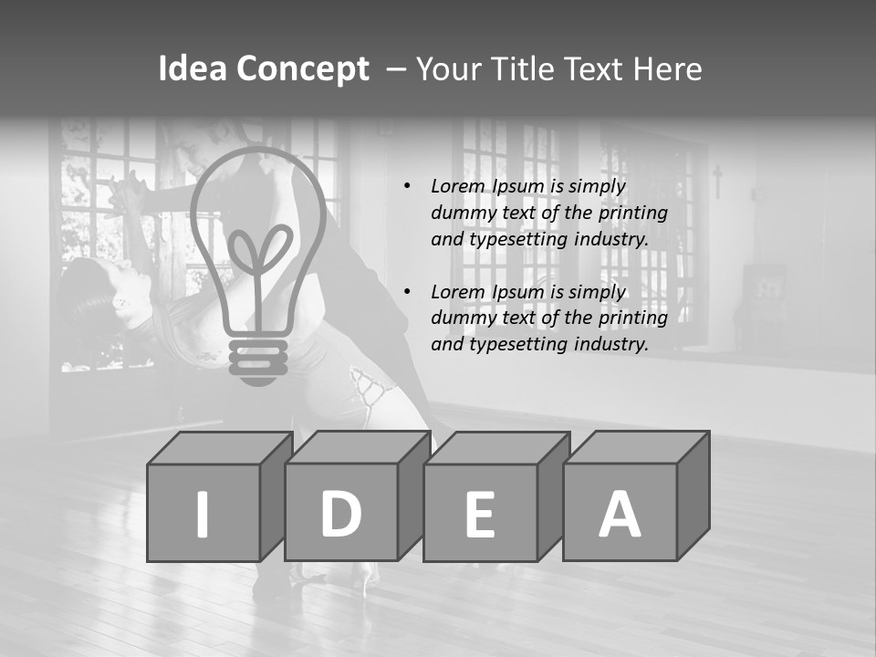 A Young  Couple Dancing And Practicing Ballroom Dancing Together In A Studio - Focus On Woman - Black And White, High Key Effect PowerPoint Template