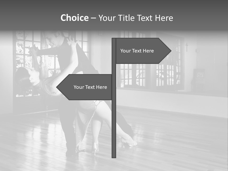 A Young  Couple Dancing And Practicing Ballroom Dancing Together In A Studio - Focus On Woman - Black And White, High Key Effect PowerPoint Template