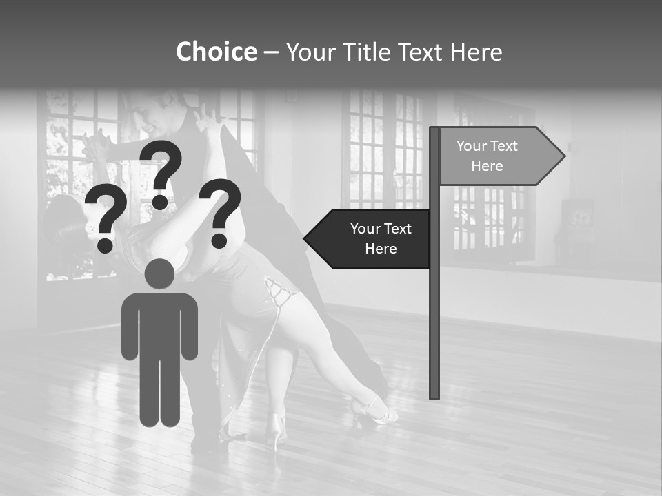 A Young  Couple Dancing And Practicing Ballroom Dancing Together In A Studio - Focus On Woman - Black And White, High Key Effect PowerPoint Template