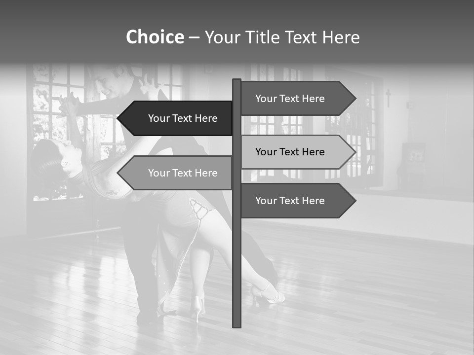 A Young  Couple Dancing And Practicing Ballroom Dancing Together In A Studio - Focus On Woman - Black And White, High Key Effect PowerPoint Template