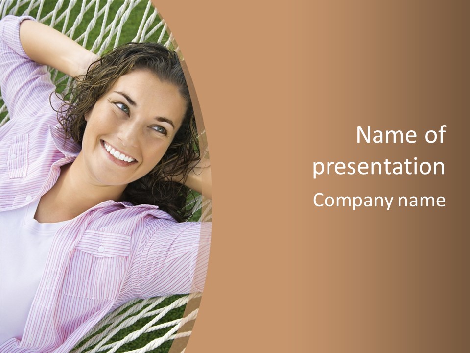 Pretty Young  Caucasian Brunette Female Lying In Hammock With Hands Behind Head Smiling. PowerPoint Template