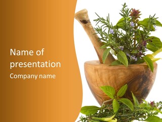 Healing Herbs And Edible Flowers (Hand Carved Olive Tree Mortar And Pestle) PowerPoint Template