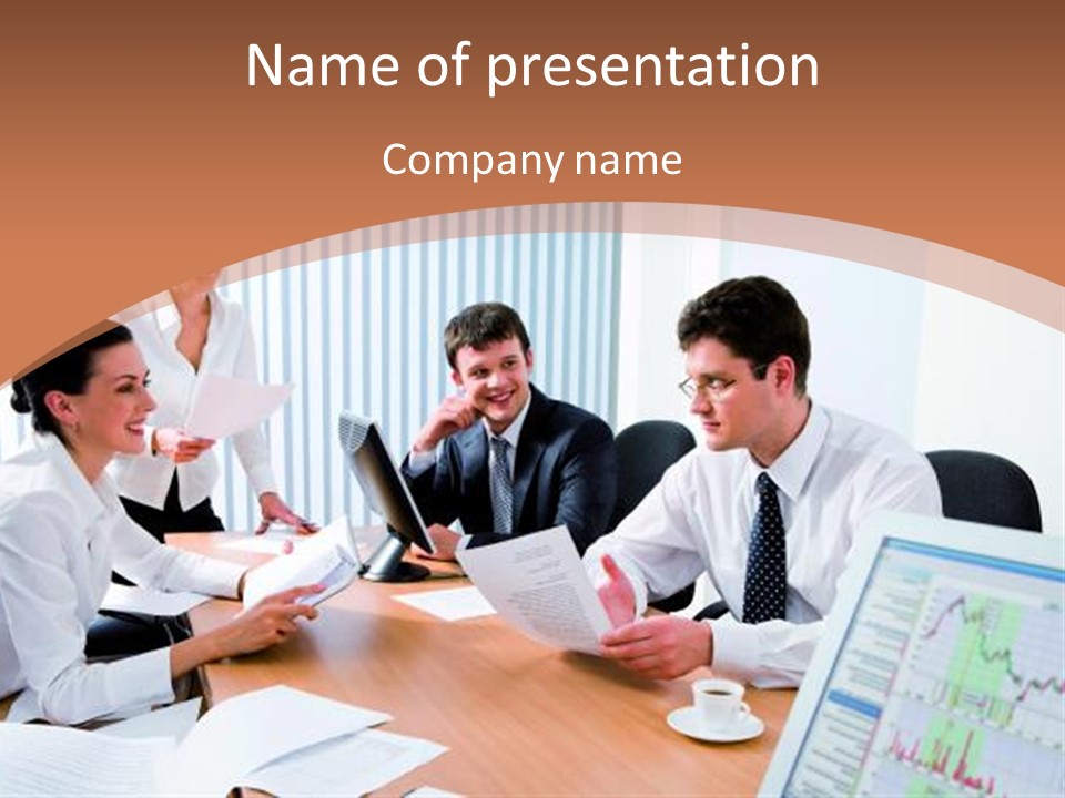 Portrait Of Four Professionals Sitting At The Table And Discussing A Business Idea In The Office PowerPoint Template