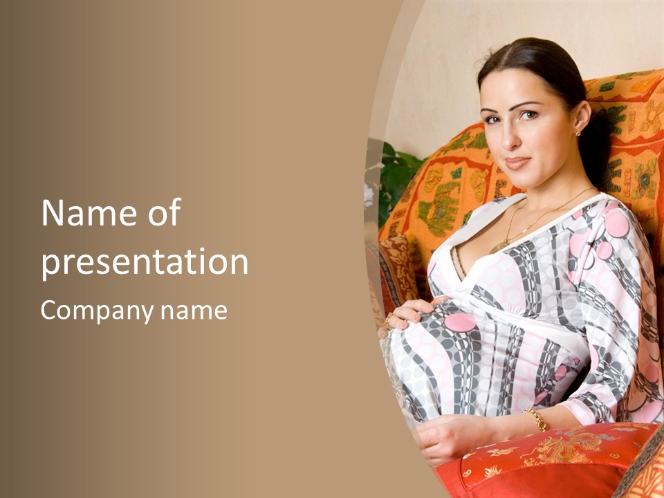 Happy Pregnancy Women Sitting On Sofa And Listing Photoalbum. PowerPoint Template