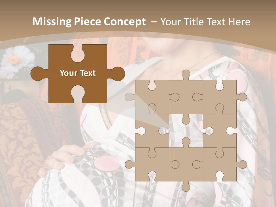 Happy Pregnancy Women Sitting On Sofa And Listing Photoalbum. PowerPoint Template