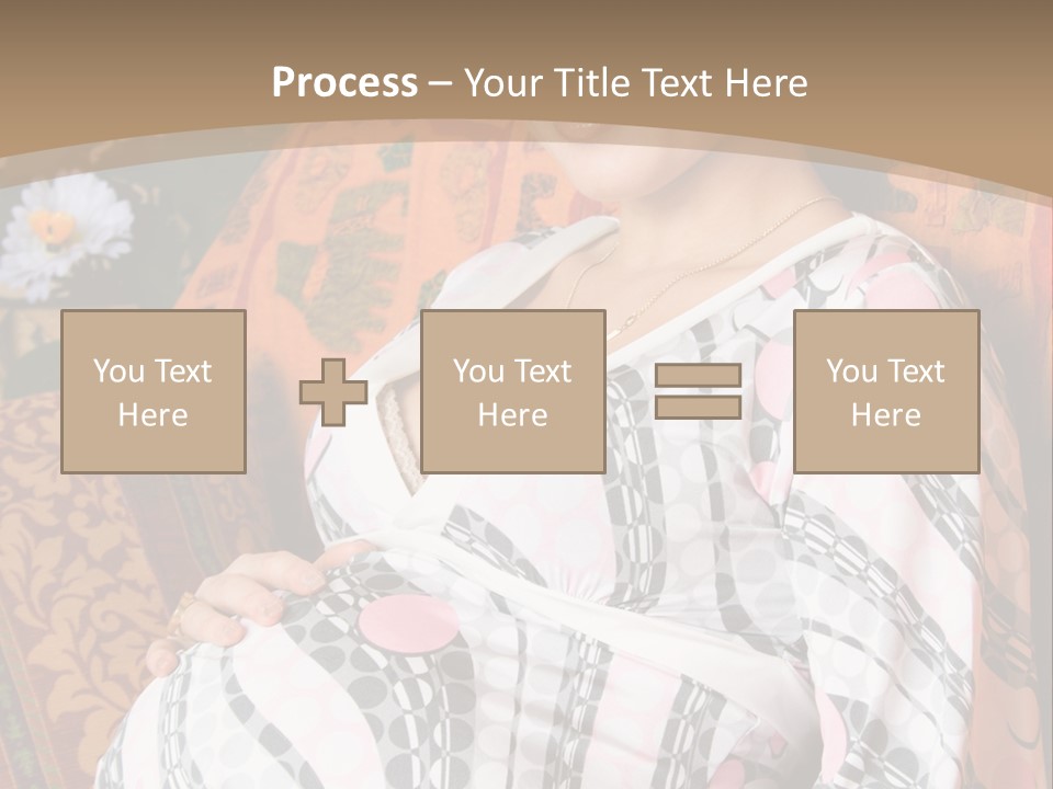 Happy Pregnancy Women Sitting On Sofa And Listing Photoalbum. PowerPoint Template