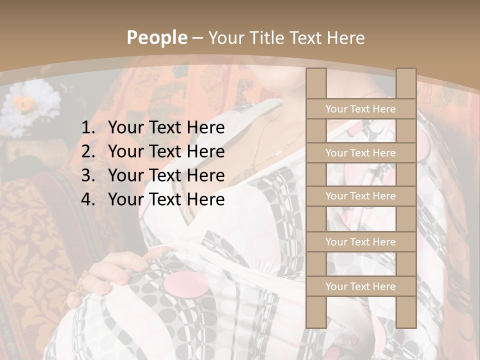 Happy Pregnancy Women Sitting On Sofa And Listing Photoalbum. PowerPoint Template