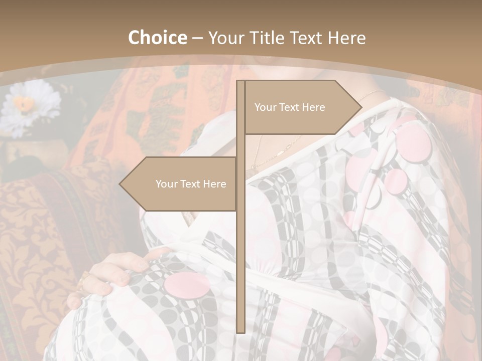 Happy Pregnancy Women Sitting On Sofa And Listing Photoalbum. PowerPoint Template