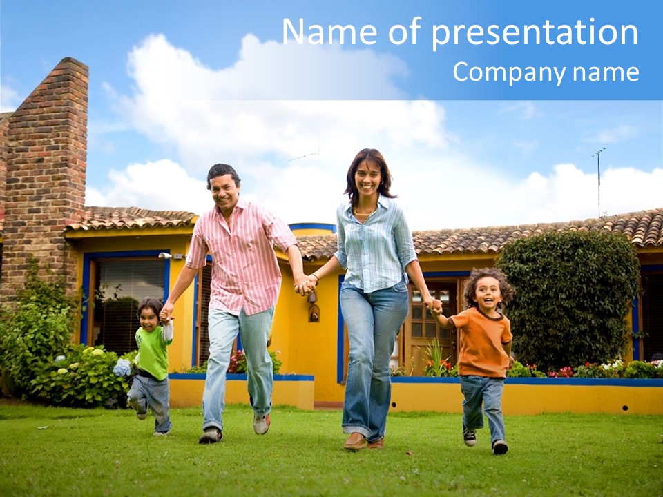 Happy Family Running And Having Fun Outdoors Smiling And Enjoying PowerPoint Template