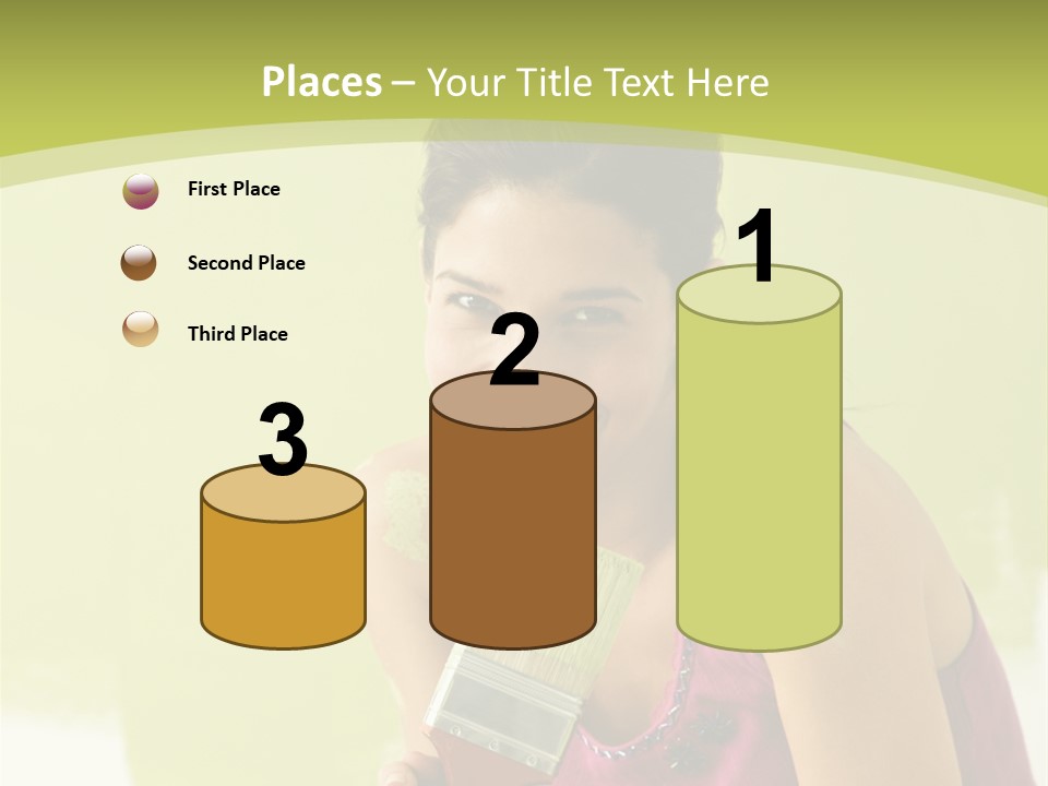 Pretty Smiling Woman Kneeling In Front Of Partially Painted Wall Holding Paintbrush. PowerPoint Template