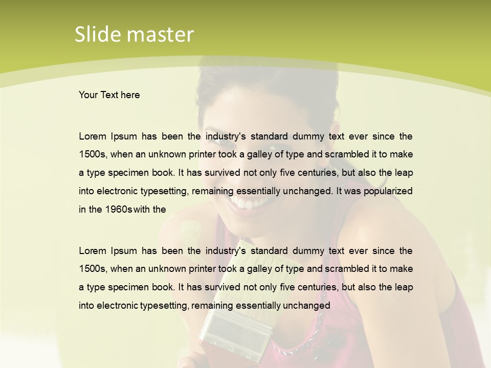 Pretty Smiling Woman Kneeling In Front Of Partially Painted Wall Holding Paintbrush. PowerPoint Template