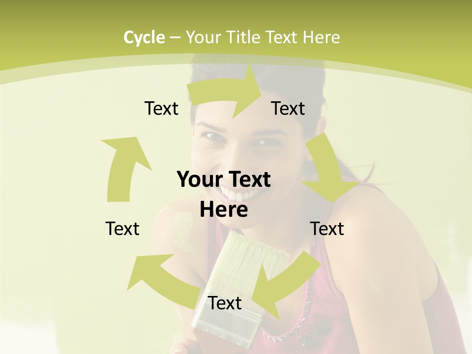 Pretty Smiling Woman Kneeling In Front Of Partially Painted Wall Holding Paintbrush. PowerPoint Template