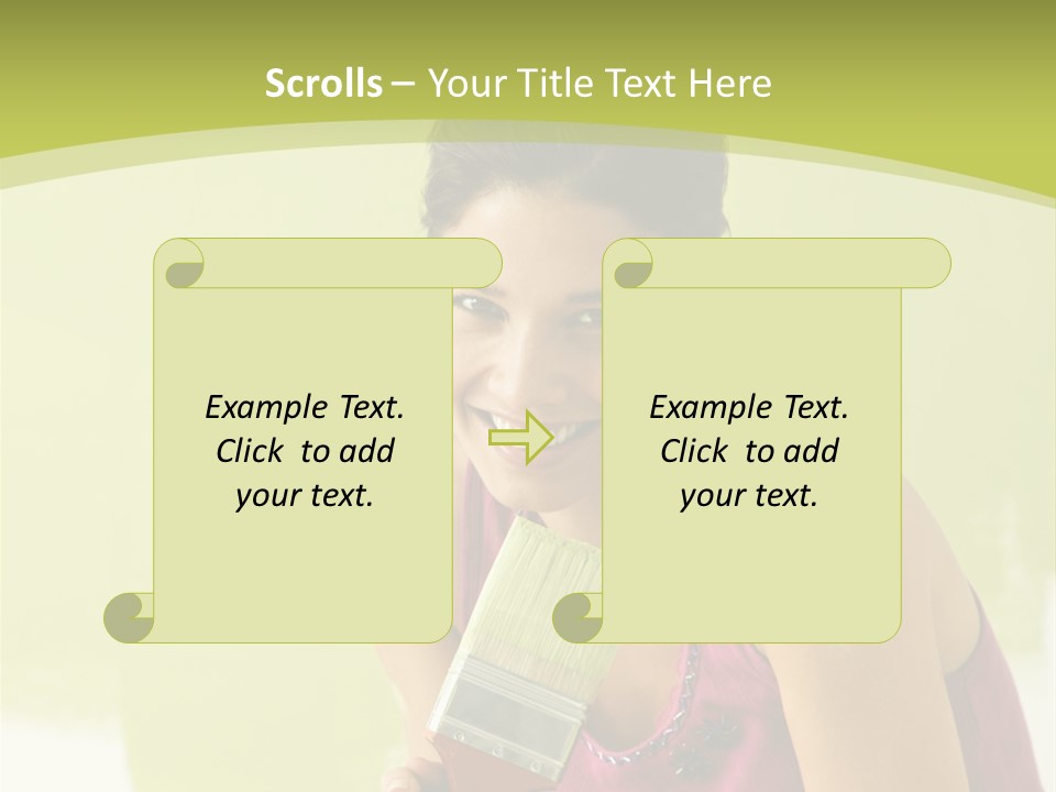 Pretty Smiling Woman Kneeling In Front Of Partially Painted Wall Holding Paintbrush. PowerPoint Template